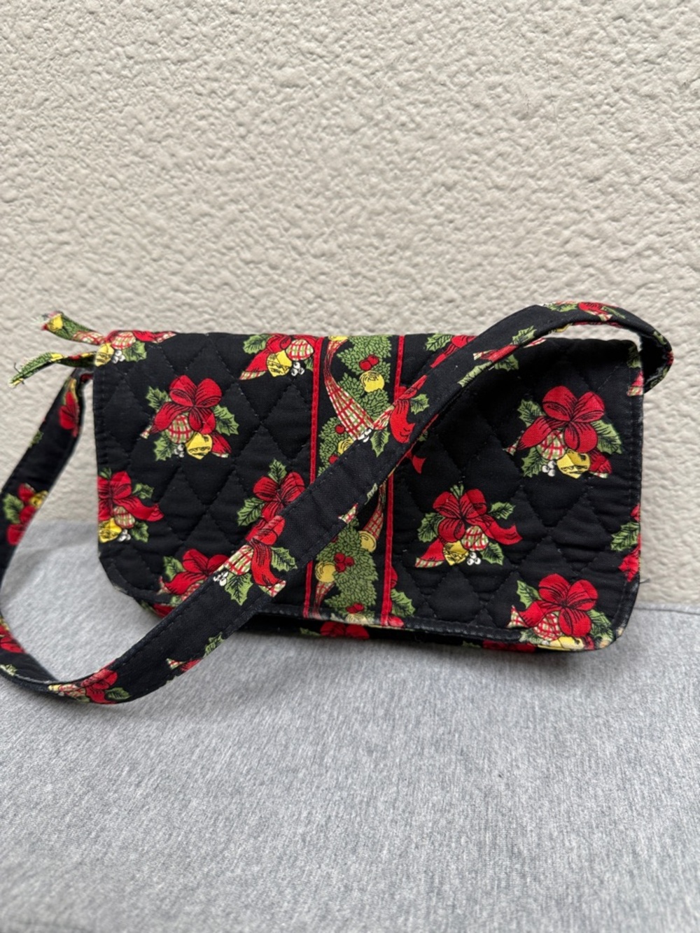 Vera Bradley Black Quilted Crossbody with Red and Green Floral Print
